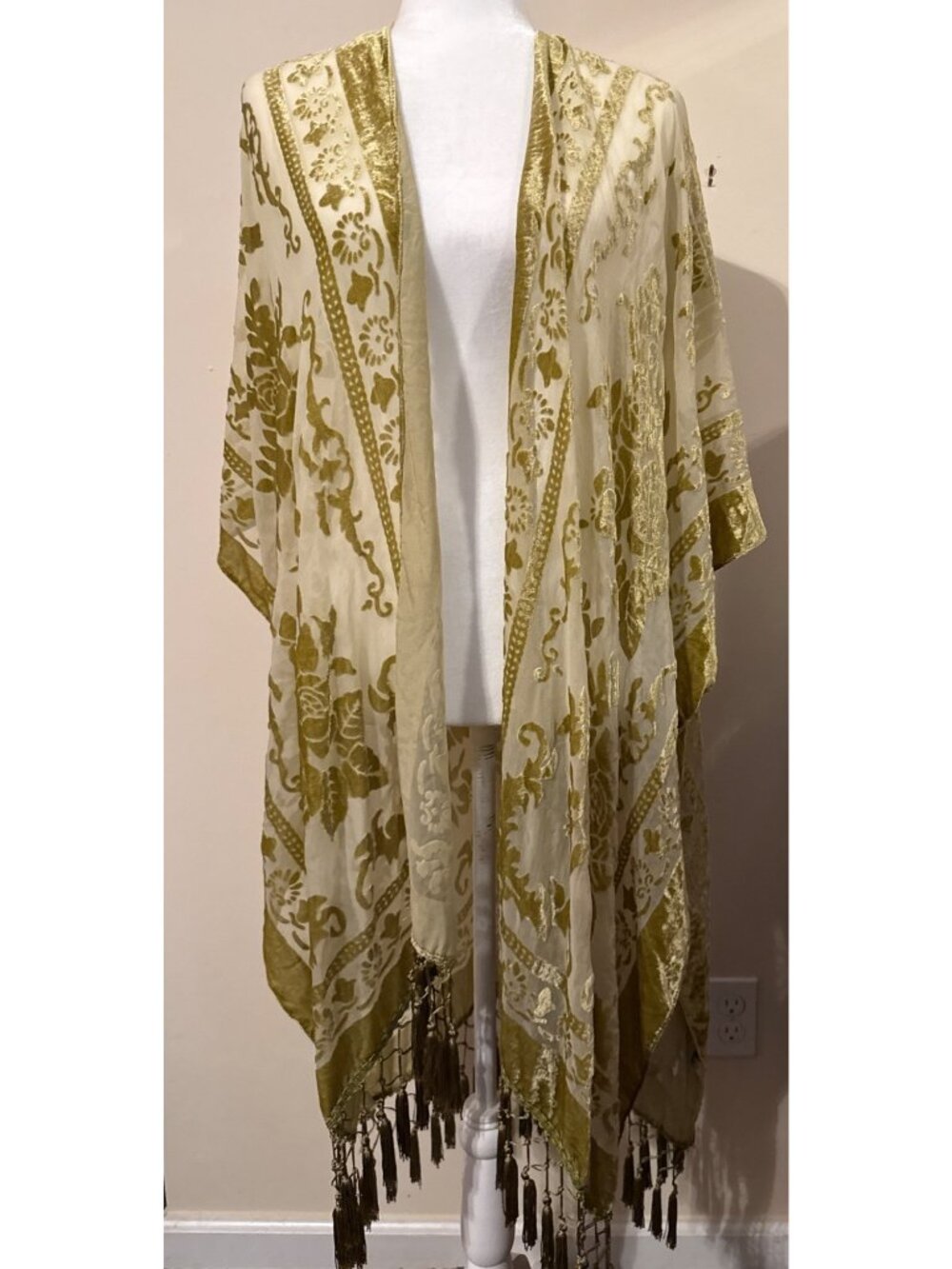 Olive Floral Burnout Velvet Texture and Fringed Tassel Hem Kimono